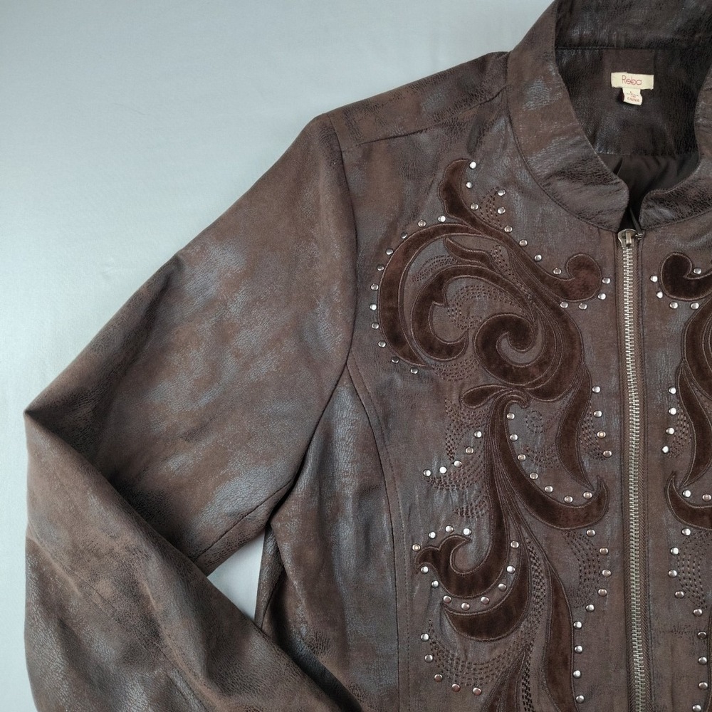 Reba Women's Faux Vegan Leather Jacket Sz L Studded Brown Western Zipper - Picture 3 of 16